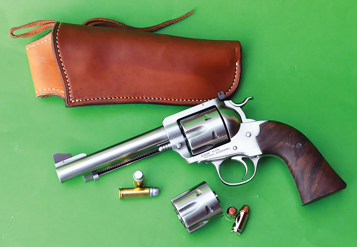 The Ruger New Model Blackhawk convertible 45 Colt/45 ACP special edition PPP is built on the flat-top medium (A.K.A. 357) cylinder frame, features a Bisley grip frame and offered with 45⁄8- and 51⁄2-inch barrels.